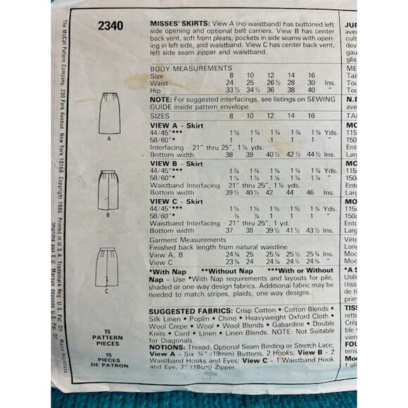 McCalls 2340 straight skirt sewing pattern sz 10 - Picture 4 of 5
